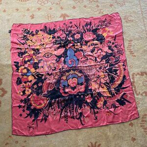 Beautiful Vintage 100% Silk Square Scarf, Pink, Black, Blue, and Gold